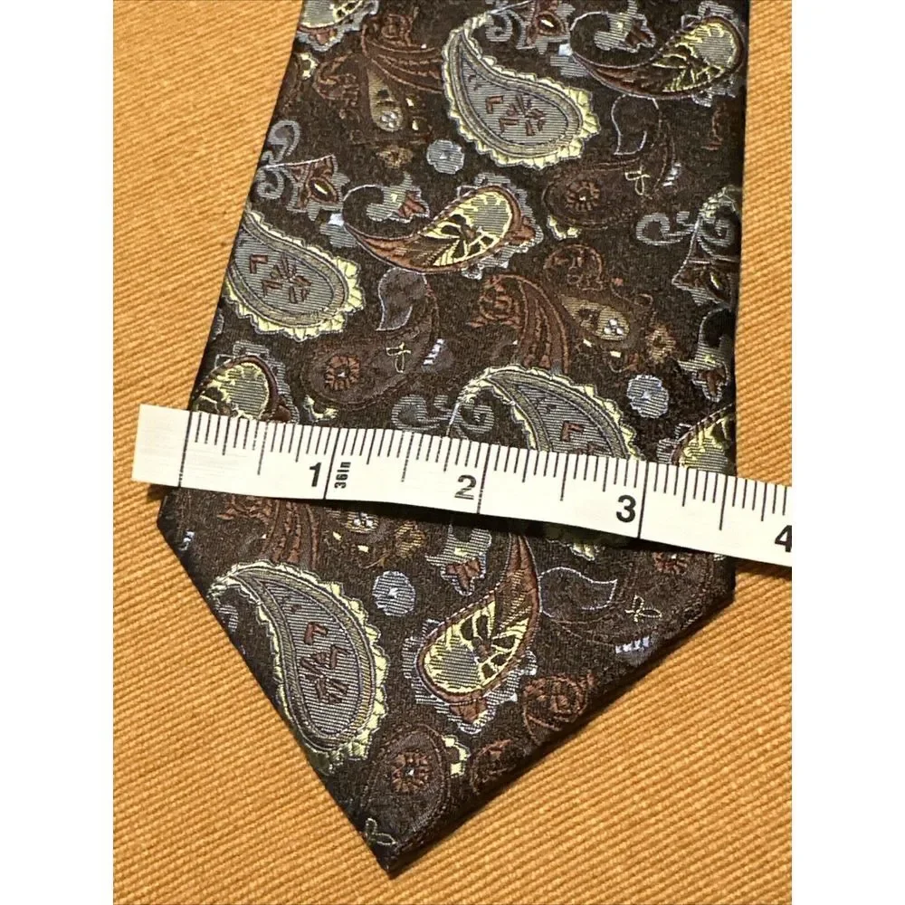 PRONTO UOMO Mens Classic Tie 100% Brown Tone Silk‎ Paisley Hand Made Necktie